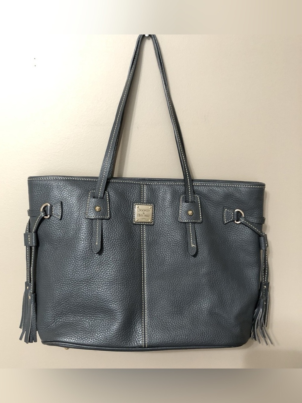 Dooney & Bourke Pebbled Leather Davis Gray Tote with Tassel